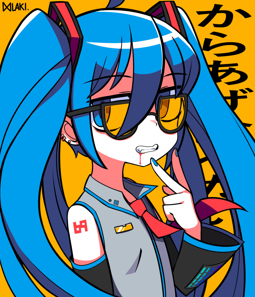 1girl absurdres background_text bangs bare_shoulders black-framed_eyewear black_sleeves blood blood_from_mouth blue_eyes blue_hair blue_nails clenched_hand collared_shirt commentary detached_sleeves eyebrows_visible_through_hair fangs grey_shirt hair_between_eyes hair_ornament hatsune_miku highres lakilolom long_hair long_sleeves looking_at_viewer nail_polish necktie orange-tinted_eyewear orange_background red_neckwear shirt signature simple_background sleeveless sleeveless_shirt solo sunglasses translation_request twintails upper_body very_long_hair vocaloid wide_sleeves