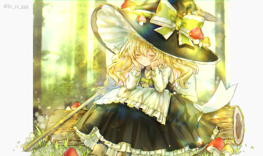 1girl apron arm_support artist_name black_dress black_legwear blonde_hair bow braid broom brown_footwear closed_eyes dress forest frilled_bow frilled_dress frills grass green_bow hair_bow hat hat_bow here_(hr_rz_ggg) highres kirisame_marisa log long_sleeves mushroom nature side_braid single_braid sitting touhou tree waist_apron white_bow witch_hat