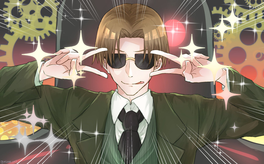 1boy artist_request bangs black_neckwear brown_hair collared_shirt double_v dress_shirt emotional_engine_-_full_drive fate/grand_order fate_(series) formal gears glowing glowing_eye gradient gradient_background green_suit hands_up highres koha-ace long_sleeves looking_at_viewer maxwell's_demon_(fate) monster necktie parody parted_bangs red_eyes shirt short_hair smile sparkle suit sunglasses tongue tongue_out v white_shirt