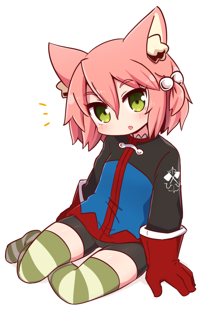 1girl 7th_dragon 7th_dragon_(series) :o animal_ears arm_support bangs bike_shorts black_shorts blue_jacket blush cat_ears commentary_request eyebrows_visible_through_hair full_body gloves green_eyes hair_between_eyes hair_bobbles hair_ornament harukara_(7th_dragon) highres jacket long_sleeves looking_at_viewer naga_u no_shoes one_side_up parted_lips pink_hair red_gloves short_shorts shorts simple_background sitting solo striped striped_legwear thigh-highs white_background yokozuwari