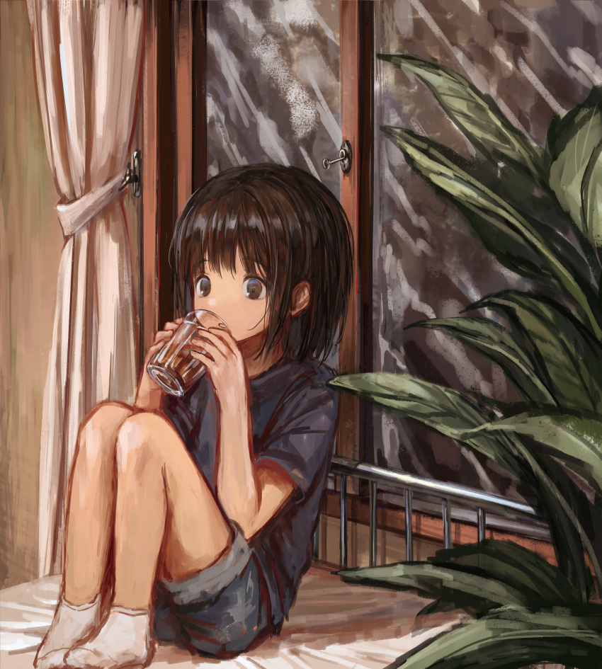 1girl absurdres ankle_socks bangs bed black_hair bob_cut brown_eyes brown_hair cup curtains denim denim_shorts drinking drinking_glass highres holding holding_cup holding_drink knees_up looking_afar looking_ahead on_bed original plant sero3eta shirt short_hair shorts sitting sitting_on_bed socks solo t-shirt translated white_legwear window