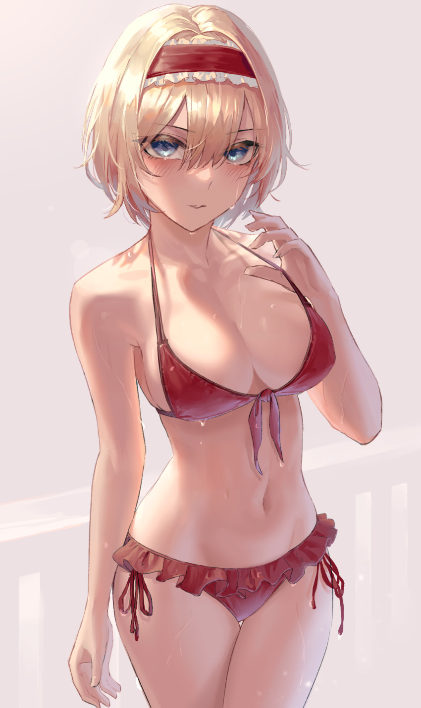 1girl alice_margatroid bare_arms bare_shoulders bikini blonde_hair blue_eyes breasts cowboy_shot eit_(ikeuchi) frilled_bikini frills front-tie_bikini front-tie_top hair_between_eyes hairband halter_top halterneck highres looking_at_viewer medium_breasts red_bikini red_hairband short_hair solo swimsuit thigh_gap touhou wet