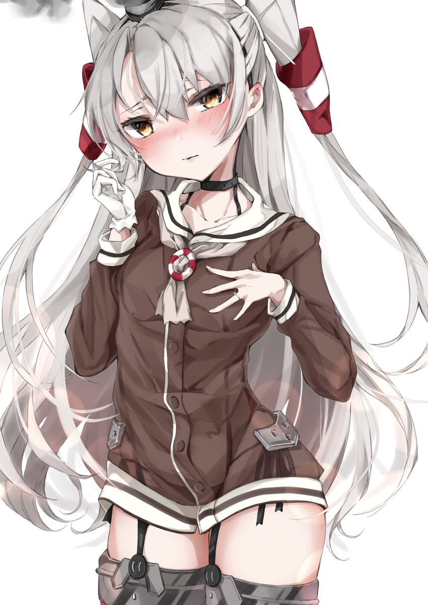1girl amatsukaze_(kantai_collection) black_panties brown_dress chigasaki_y commentary_request cowboy_shot dress garter_straps gloves hair_tubes highres jewelry kantai_collection long_hair looking_at_viewer panties ring sailor_dress see-through short_dress side-tie_panties silver_hair single_glove solo thigh-highs two_side_up underwear wedding_band white_gloves windsock