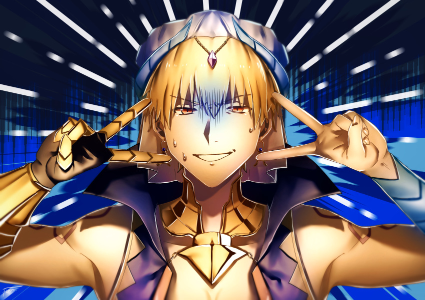 1boy absurdres artist_request bangs blonde_hair blue_background blue_vest bracer cropped_vest double_v earrings emotional_engine_-_full_drive fate/grand_order fate_(series) forced_smile gauntlets gilgamesh gilgamesh_(caster)_(fate) grin hair_between_eyes hands_up highres jewelry looking_at_viewer neck_ring parody red_eyes shaded_face short_hair shoulder_tattoo single_gauntlet smile solo sweatdrop tattoo turban v vest