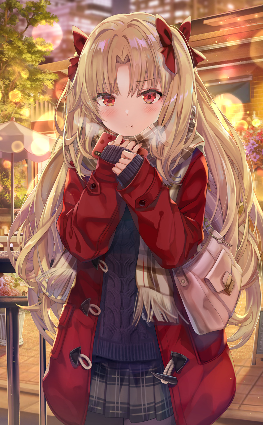 1girl :t alternate_costume aran_sweater bag bangs black_legwear black_skirt blush bow breath brown_scarf building casual closed_mouth coat cowboy_shot day duffel_coat ereshkigal_(fate/grand_order) eyebrows_visible_through_hair fate/grand_order fate_(series) fringe_trim hair_bow handbag highres long_hair miniskirt night open_clothes open_coat outdoors own_hands_together pantyhose parted_bangs plaid plaid_scarf plaid_skirt pleated_skirt pout purple_sweater red_bow red_coat scarf shoulder_bag skirt sleeves_past_wrists solo sweater torino_akua two_side_up very_long_hair