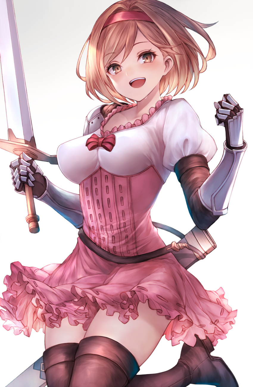 1girl :d arm_guards bangs blush boots breasts brown_eyes brown_gloves brown_hair collarbone commentary_request covered_nipples djeeta_(granblue_fantasy) elbow_gloves eyebrows_visible_through_hair gloves granblue_fantasy hair_intakes hairband high-waist_skirt highres holding holding_sword holding_weapon inaba_sunimi jumping looking_at_viewer medium_breasts open_mouth pink_skirt puffy_short_sleeves puffy_sleeves red_hairband red_ribbon ribbon sheath shirt short_hair short_sleeves simple_background skirt smile solo swept_bangs sword thigh-highs thigh_boots weapon white_background white_shirt zettai_ryouiki