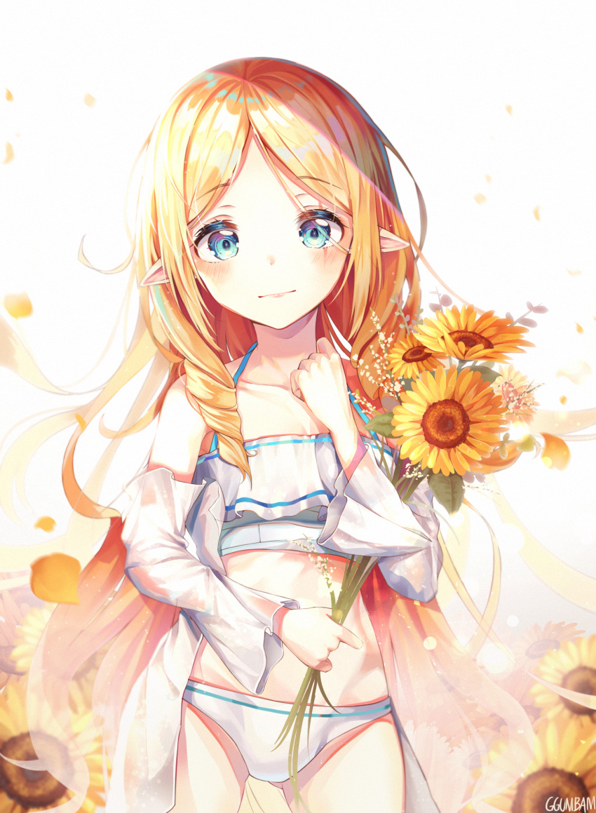 1girl ass_visible_through_thighs bikini blonde_hair blue_eyes character_request elf flower ggumbam highres long_hair off_shoulder open_clothes open_shirt pointy_ears shirt solo sunflower swimsuit talesshop white_bikini white_shirt