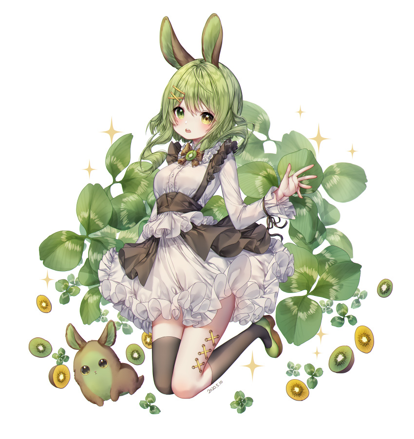 1girl absurdres albinoraccoon animal_ears black_legwear blush green_eyes green_hair hair_ornament hairclip hairpin highres kneehighs looking_at_viewer maid maid_day original rabbit rabbit_ears ribbon short_hair single_kneehigh single_thighhigh thigh-highs yellow_eyes