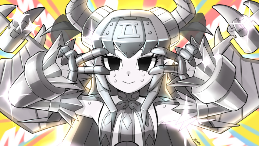 1girl bangs black_eyes breasts curled_horns double_v dragon_horns elizabeth_bathory_(fate)_(all) emotional_engine_-_full_drive fate/grand_order fate_(series) hands_up horns humanoid_robot long_hair looking_at_viewer mecha_eli-chan_mk.ii namioka_nishihito parody small_breasts solo sparkle sunburst sunburst_background v wings yellow_background