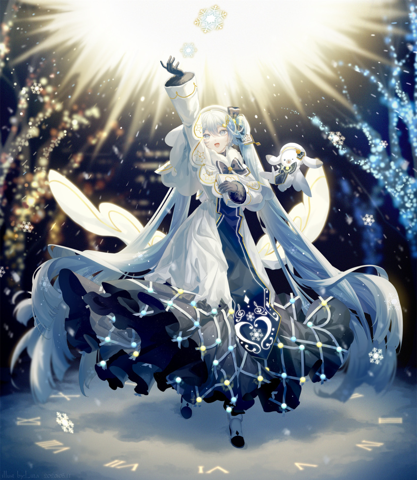 1girl :d animal arm_up beret blue_bow blue_eyes blue_gloves blue_hair blue_neckwear blue_ribbon blurry book boots borrowed_design bow bowtie braid braided_bangs capelet clothed_animal dress full_body fur-trimmed_capelet fur_trim gloves hair_ribbon hat hatsune_miku heart highres holding holding_book long_hair looking_away looking_up musical_note musical_note_hair_ornament musical_note_print night open_mouth rabbit rabbit_yukine ribbon romaji_text shadow smile snowflakes standing twintails very_long_hair vocaloid white_capelet white_dress white_headwear wings yamiluna39 yuki_miku