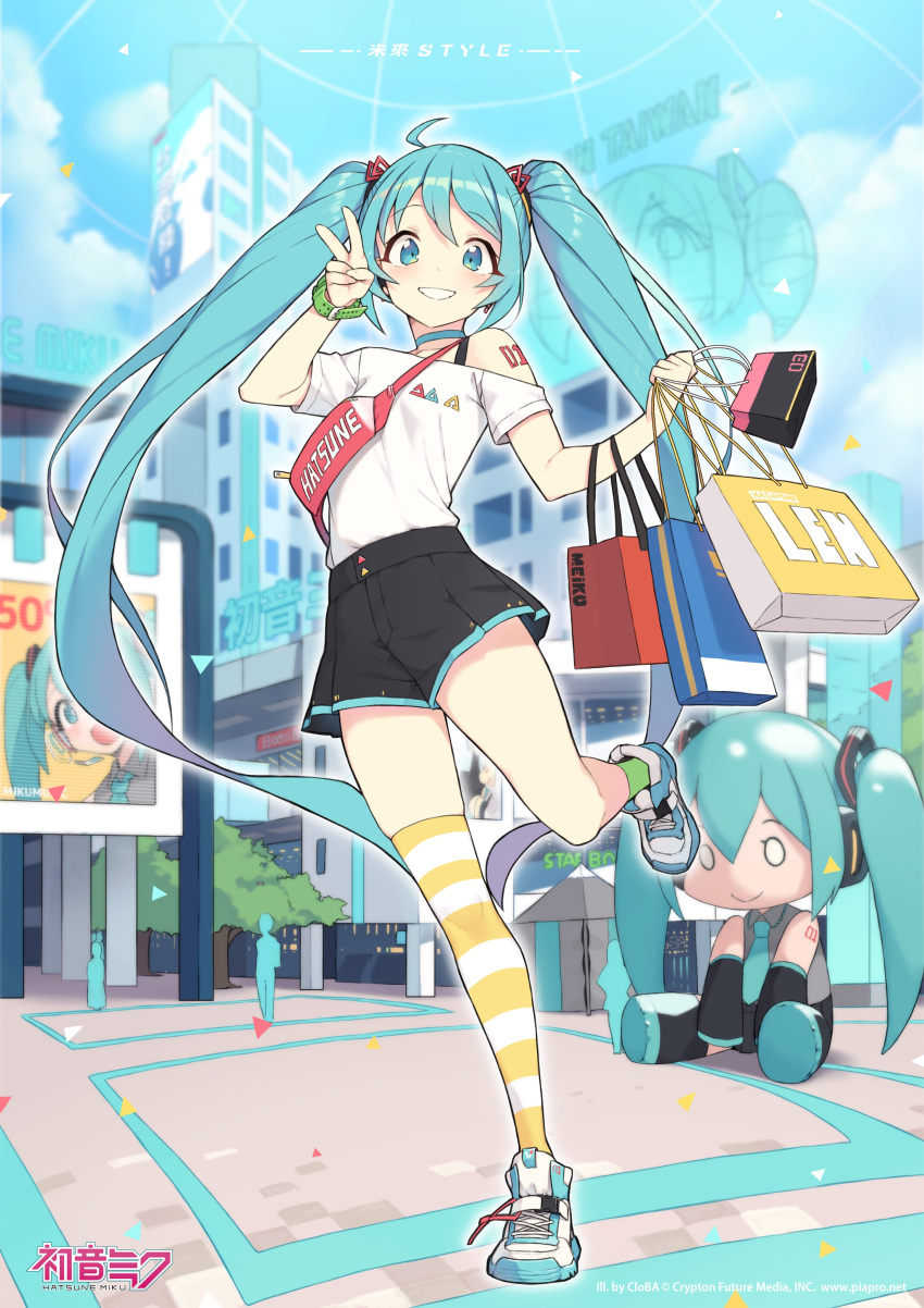 1girl absurdres bag black_shorts blue_choker blue_eyes blue_hair character_doll choker cloba confetti day grin hatsune_miku highres long_hair looking_at_viewer off-shoulder_shirt off_shoulder outdoors shirt shoes shopping_bag short_shorts shorts single_bare_shoulder single_thighhigh smile sneakers solo_focus standing standing_on_one_leg striped striped_legwear thigh-highs twintails v very_long_hair vocaloid watch watch white_shirt