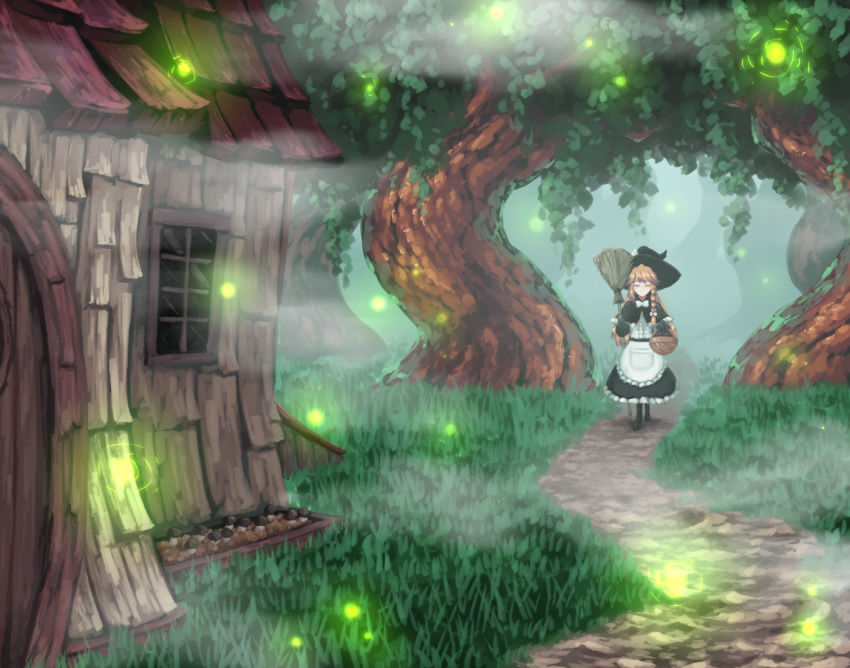 1girl ^_^ apron basket belt black_belt black_capelet black_footwear black_headwear black_skirt blush boots bow broom capelet closed_eyes closed_mouth commentary_request fog forest frilled_apron frilled_capelet frilled_skirt frills full_body grass hair_bow hat holding house kirisame_marisa leaf light_particles nature outdoors scenery shirt skirt smile solo sunyup touhou tree walking white_apron white_bow white_shirt window witch witch_hat wooden_house