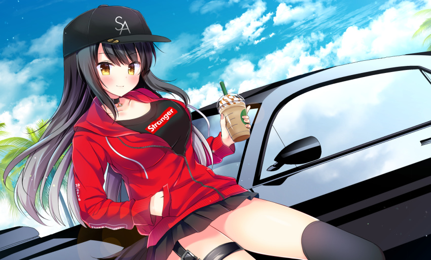 1girl arisa_(kirakira_monstars) bangs baseball_cap black_choker black_hair black_headwear black_legwear black_shirt black_skirt blue_sky blush breasts brown_eyes cat choker closed_mouth clouds collarbone commentary_request cup day disposable_cup drinking_straw eyebrows_visible_through_hair hand_in_pocket hat highres holding holding_cup hood hood_down hooded_jacket jacket kirakira_monstars large_breasts long_hair long_sleeves masayo_(gin_no_ame) outdoors pleated_skirt red_jacket shirt skirt sky smile solo tail thigh-highs very_long_hair wolf_girl