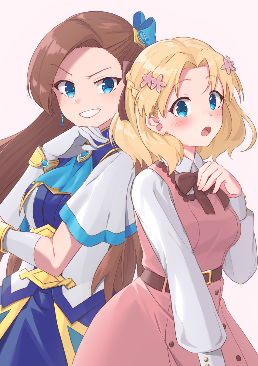 2girls absurdres bangs belt belt_buckle blonde_hair blue_dress blue_eyes bow braid breasts brown_background brown_belt brown_bow brown_hair buckle collared_shirt commentary_request dress earrings elbow_gloves flower gloves grin hair_flower hair_ornament hand_up highres jewelry katarina_claes kuro_kinkan long_sleeves maria_campbell medium_breasts multiple_girls open_mouth otome_game_no_hametsu_flag_shika_nai_akuyaku_reijou_ni_tensei_shite_shimatta parted_bangs pink_dress pink_flower shirt short_sleeves sleeveless sleeveless_dress sleeves_past_wrists smile v-shaped_eyebrows white_gloves white_shirt