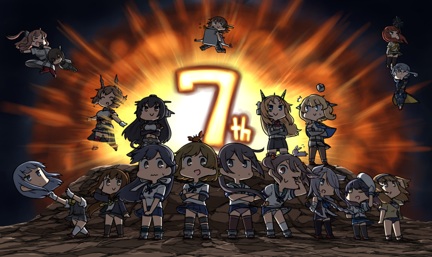 &gt;_&lt; 6+girls akebono_(kantai_collection) anniversary bandaid bandaid_on_face bangs black_hair black_legwear blonde_hair blue_hair blush brown_hair capelet chibi closed_eyes closed_mouth colorado_(kantai_collection) crab crab_on_head crossed_arms de_ruyter_(kantai_collection) disembodied_head elbow_gloves fumizuki_(kantai_collection) garrison_cap gloves gotland_(kantai_collection) hair_bobbles hair_flaps hair_ornament hamu_koutarou hat hatsukaze_(kantai_collection) headgear headless hiei_(kantai_collection) highres i-26_(kantai_collection) kantai_collection kneehighs light_brown_hair long_hair multiple_girls mutsu_(kantai_collection) nagato_(kantai_collection) nelson_(kantai_collection) oboro_(kantai_collection) one_eye_closed open_mouth panties pleated_skirt ponytail purple_hair rabbit redhead remodel_(kantai_collection) sailor_collar sailor_hat salute saratoga_(kantai_collection) sazanami_(kantai_collection) school_uniform serafuku shirt short_hair side_ponytail sidelocks silver_hair skirt smile socks standing sweat swimsuit swimsuit_under_clothes taihou_(kantai_collection) thigh-highs tsushima_(kantai_collection) twintails umikaze_(kantai_collection) underwear ushio_(kantai_collection) v v_over_eye vest wavy_mouth white_headwear white_legwear