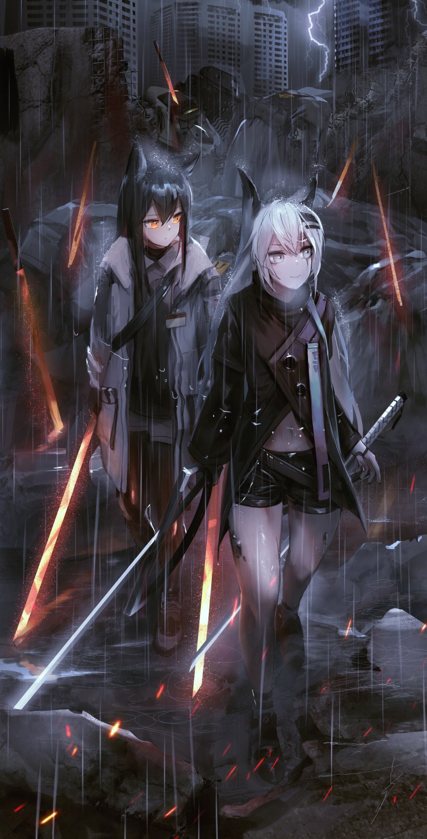 2girls absurdres animal_ear_fluff animal_ears arknights bandeau black_capelet black_coat black_jacket black_nails black_shorts capelet cigarette coat grey_eyes hair_ornament hairclip halo highres holding holding_cigarette holding_sword holding_weapon id_card jacket lappland_(arknights) mo_ne multiple_girls scar scar_across_eye shorts strapless sword tail texas_(arknights) tubetop weapon white_jacket wolf_ears wolf_girl wolf_tail