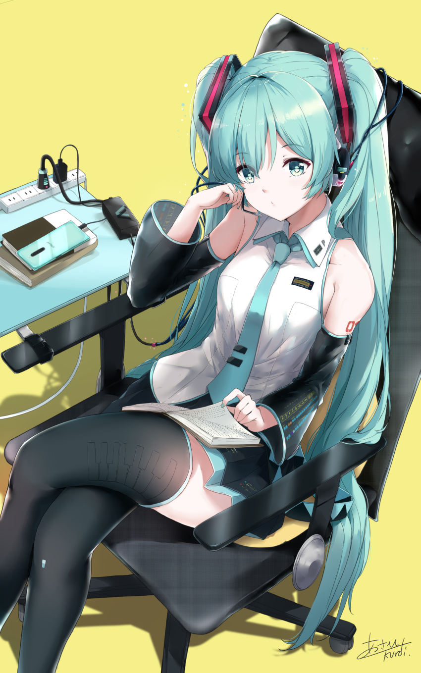 1girl aqua_hair aqua_nails aqua_neckwear black_legwear black_skirt black_sleeves chair crossed_legs detached_sleeves eyebrows_visible_through_hair green_eyes hatsune_miku headset highres k.syo.e+ long_hair necktie number_tattoo pleated_skirt power_strip shirt shoulder_tattoo simple_background sitting skirt sleeveless sleeveless_shirt solo tattoo thigh-highs twintails very_long_hair vocaloid white_shirt yellow_background