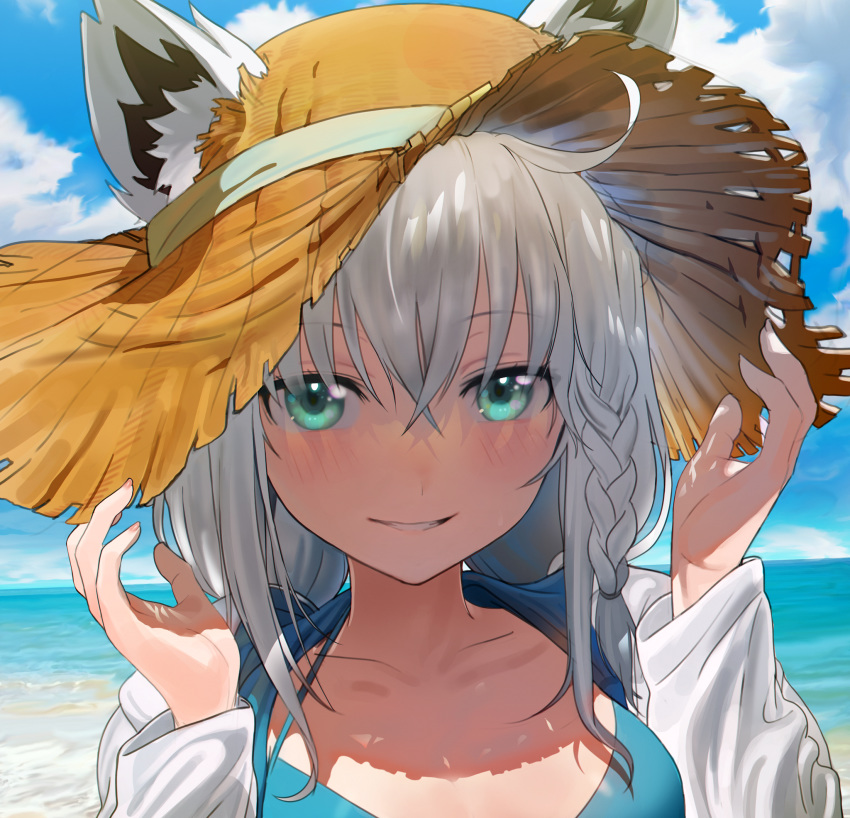 1girl :d animal_ears bangs beach bikini bikini_top blue_bikini blue_eyes blue_sky blush braid breasts clouds collarbone eyebrows_visible_through_hair hair_between_eyes hands_up hat highres hololive jacket long_sleeves looking_at_viewer medium_breasts ocean open_mouth outdoors portrait sand seicoh shade shirakami_fubuki sky smile solo straw_hat swimsuit virtual_youtuber water white_hair white_jacket wolf_ears