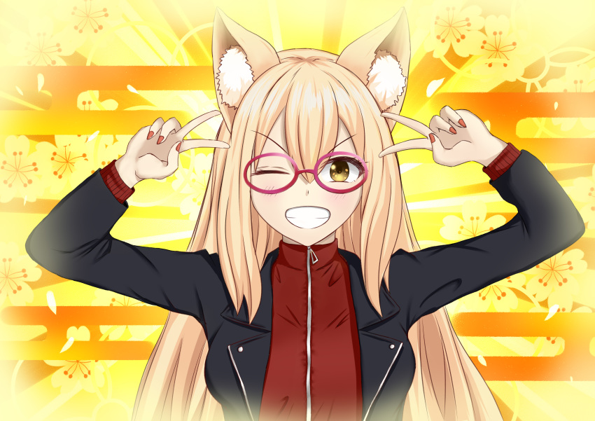 1girl absurdres animal_ear_fluff animal_ears bangs black_jacket blonde_hair blush breasts double_v egasumi emotional_engine_-_full_drive fate/extra fate/extra_ccc fate/extra_ccc_fox_tail fate/grand_order fate_(series) floral_background fox_ears fox_girl glasses grin hair_between_eyes hands_up highres jacket large_breasts long_hair long_sleeves looking_at_viewer one_eye_closed open_clothes open_jacket oraju parody red-framed_eyewear red_shirt shirt smile solo sunburst sunburst_background suzuka_gozen_(fate) v yellow_background yellow_eyes zipper