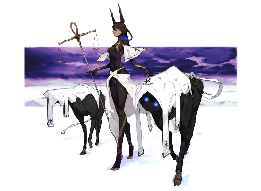 1girl animal_ears black_hair blue_eyes covered_navel dark_skin egyptian full_body jewelry kureta_(nikogori) long_hair multicolored_hair original skin_tight staff tiptoes two-tone_hair