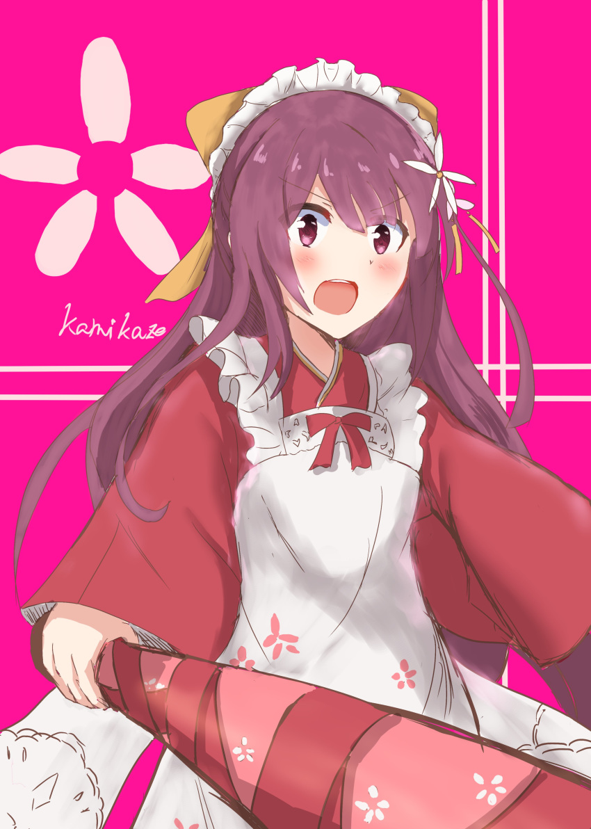 1girl absurdres apron bow character_name commentary_request cowboy_shot flower frilled_apron frills hair_bow hair_flower hair_ornament highres itoshe japanese_clothes kamikaze_(kantai_collection) kantai_collection kimono long_hair looking_at_viewer maid_headdress open_mouth pink_background purple_hair red_kimono solo tube upper_teeth violet_eyes wa_maid white_apron yellow_bow