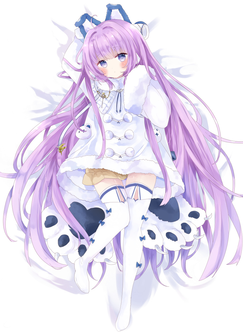 1girl absurdres animal_ears arm_up azur_lane blue_eyes blush breasts brown_sweater coat dress earmuffs eyebrows_visible_through_hair fake_animal_ears fur-trimmed_coat fur-trimmed_sleeves fur_trim hair_ornament hair_ribbon highres long_hair long_sleeves looking_at_viewer lying on_back ponytail purple_hair ribbon solo sweater tashkent_(azur_lane) thigh-highs tsukiyo_(skymint) very_long_hair very_long_sleeves white_coat white_legwear winter_clothes