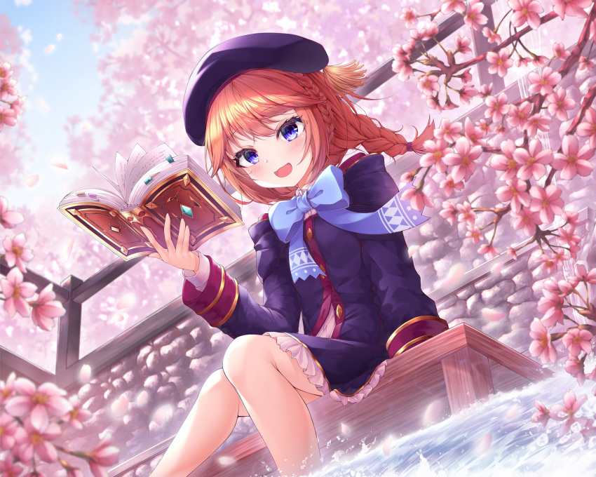 1girl :d absurdres bangs beret blue_bow blue_eyes blurry blurry_background blush book bow braid cherry_blossoms commentary_request day eyebrows_visible_through_hair flower from_below hat highres holding holding_book ichizon long_hair long_sleeves looking_at_viewer open_book open_mouth outdoors princess_connect! princess_connect!_re:dive redhead scenery sitting smile solo spring_(season) tree tree_branch water yuni_(princess_connect!)