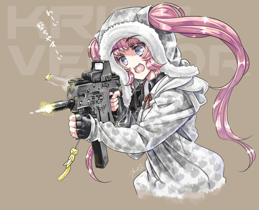 1girl casing_ejection cheek_squash coat colored_eyelashes commentary_request firing fur-trimmed_coat fur_trim gun head_tilt highres hood hood_up hooded_coat keychain kriss_vector laughing long_hair matsumoto_tomoki muzzle_flash neeko_(matsumoto_tomoki) open_mouth original pink_eyes shell_casing signature simple_background solo submachine_gun tan_background translated translation_request twintails very_long_hair weapon
