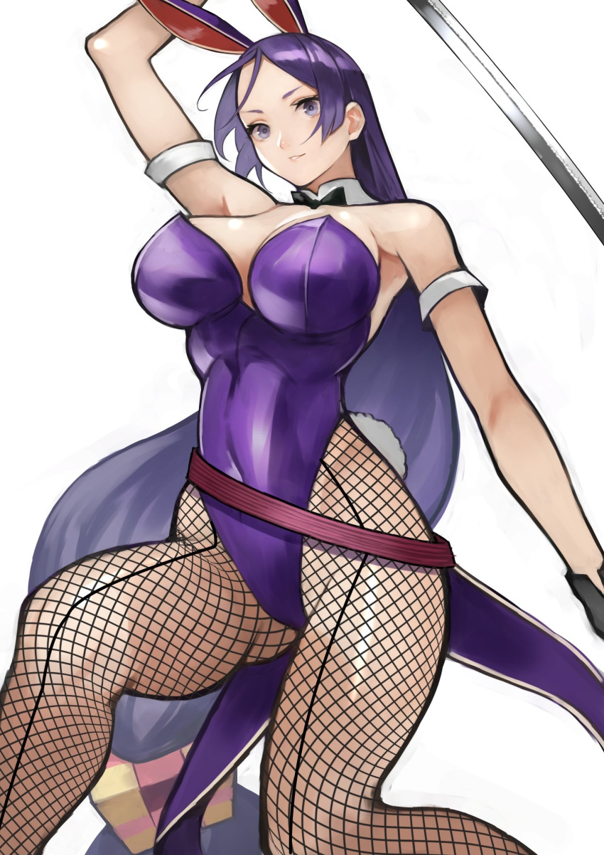 1girl 55level animal_ears arm_up ass bangs bare_shoulders belt breasts bunny_tail bunnysuit detached_collar fate/grand_order fate_(series) fishnet_legwear fishnets highleg highleg_leotard highres holding holding_sword holding_weapon katana large_breasts leotard long_hair looking_at_viewer low-tied_long_hair minamoto_no_raikou_(fate/grand_order) parted_bangs parted_lips purple_hair purple_leotard rabbit_ears shiny shiny_clothes shiny_hair shiny_skin simple_background smile solo strapless strapless_leotard sword tail thighs very_long_hair violet_eyes weapon white_background