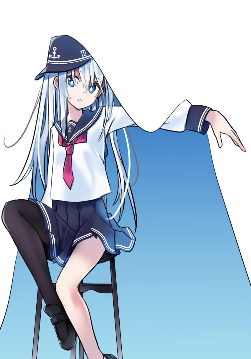 1girl anchor_symbol asymmetrical_legwear black_headwear black_legwear black_sailor_collar black_skirt blue_eyes eyebrows_visible_through_hair flat_cap hair_between_eyes hat hibiki_(kantai_collection) highres kantai_collection long_hair looking_at_viewer neckerchief open_mouth pleated_skirt red_neckwear sailor_collar school_uniform serafuku silver_hair single_thighhigh sitting skirt solo stool tetuw thigh-highs