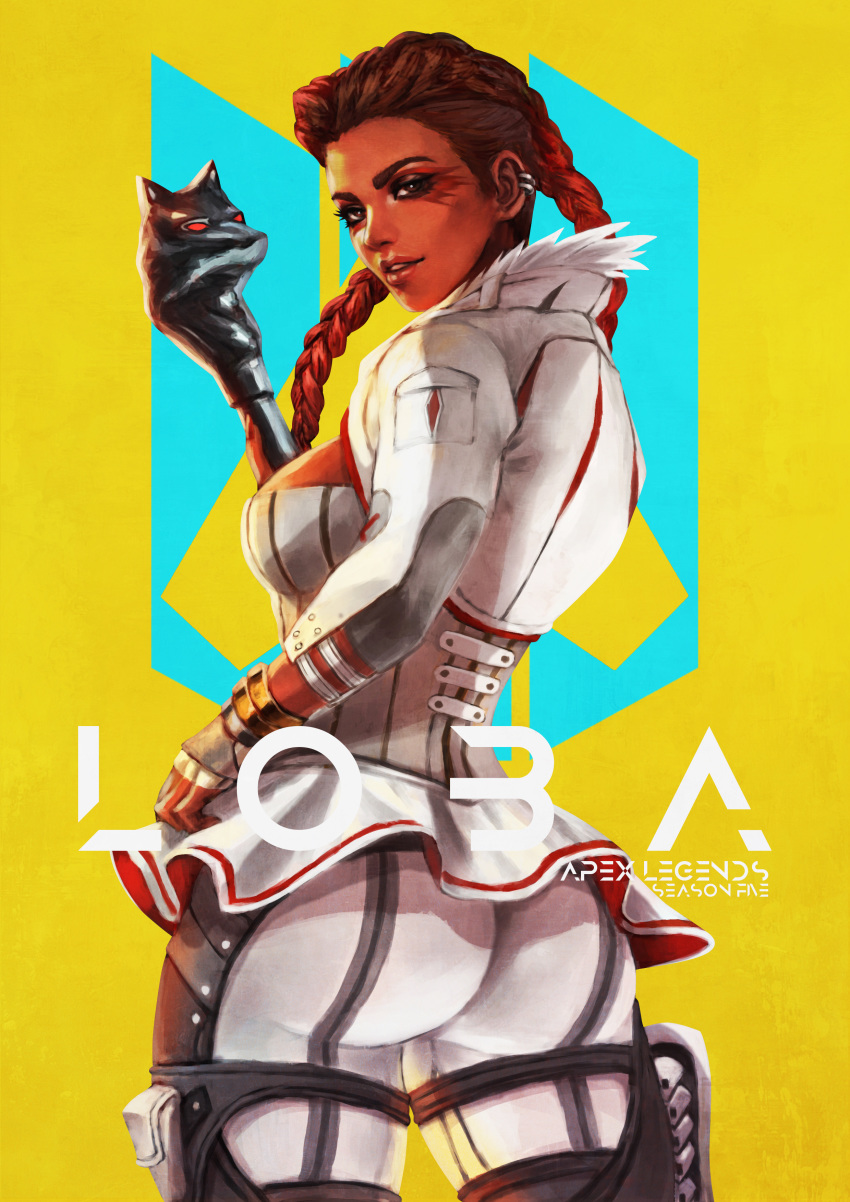 1girl absurdres apex_legends ass backlighting braid breasts character_name commentary copyright_name corset cropped_jacket dark_skin earrings english_commentary eyelashes eyeshadow facial_mark fingerless_gloves from_behind gloves hair_slicked_back highres jewelry large_breasts lips loba_(apex_legends) looking_at_viewer looking_back makeup monori_rogue nose pants skin_tight solo staff thick_eyebrows thigh-highs twin_braids undercut white_pants
