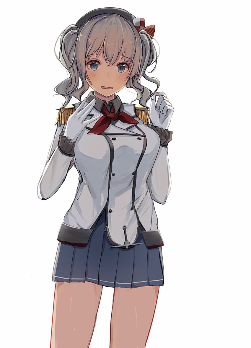 1girl beret black_headwear blue_eyes blue_skirt blush buttons cowboy_shot epaulettes eyebrows_visible_through_hair gloves grey_shirt hair_between_eyes hat highres jacket kantai_collection kashima_(kantai_collection) kerchief long_hair long_sleeves nanana_(sp6z7fa9) open_mouth pleated_skirt red_neckwear shirt silver_hair simple_background skirt solo two_side_up white_background white_gloves white_jacket