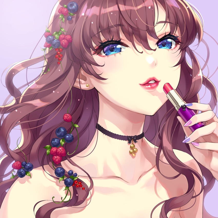 1girl bangs bare_shoulders black_bow blue_eyes blueberry blush bow bow_choker brown_hair choker collarbone ear_piercing eyebrows_visible_through_hair food fruit gradient gradient_background hair_between_eyes hair_fruit highres holding_lipstick_tube ichinose_shiki idolmaster idolmaster_cinderella_girls lipstick lipstick_tube long_hair looking_at_viewer makeup multicolored multicolored_nails nail_polish nishimura_eri parted_lips piercing pink_nails plant purple_nails raspberry smile solo upper_body vines