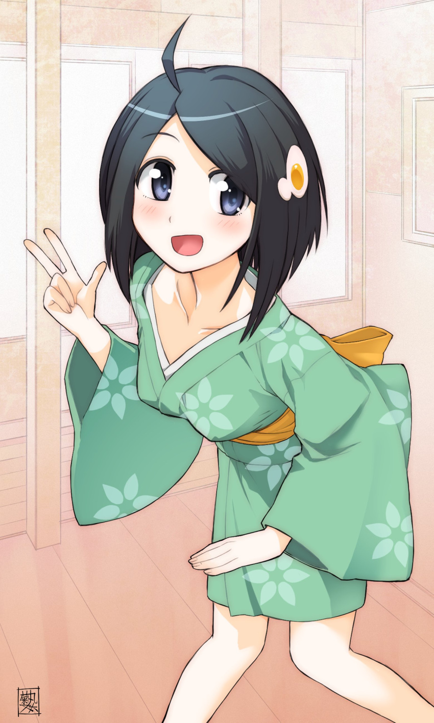 1girl :d absurdres ahoge araragi_tsukihi artist_name black_hair blush bob_cut breasts collarbone commentary egg_hair_ornament feet_out_of_frame floral_print food-themed_hair_ornament fried_egg hair_ornament hand_up highres japanese_clothes kikumaru_bunta kimono knees_together_feet_apart leaning_forward looking_at_viewer looking_to_the_side medium_breasts monogatari_(series) nisemonogatari obi open_mouth raised_eyebrows revision sash short_hair short_kimono signature smile solo standing swept_bangs translated violet_eyes w wide_sleeves window wooden_floor yellow_sash