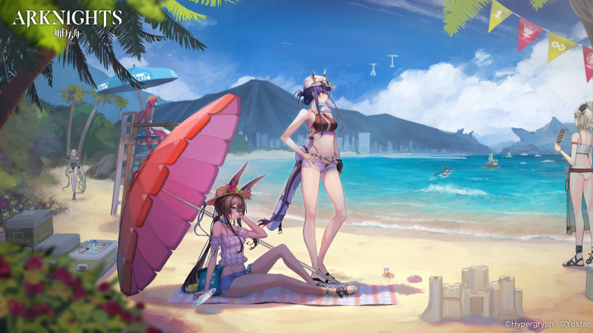 1boy 5girls absurdres amiya_(arknights) animal_ears arknights arm_strap artist_request ass bare_arms bare_legs bare_shoulders baseball_cap beach beach_umbrella belt bikini black_bikini black_swimsuit blue_eyes blue_shorts blue_sky blue_umbrella breasts brown_hair castle-3_(arknights) ch'en_(arknights) clouds cooler copyright_name day detached_sleeves dragon_horns drone ears_through_headwear eyewear_on_headwear flower food from_behind great_lungmen_logo grey_shorts hand_on_hip hat hat_flower highleg highleg_bikini highres holding holding_food horns horns_through_headwear ifrit_(arknights) incredibly_absurdres jewelry kebab long_hair looking_at_viewer low_ponytail matterhorn_(arknights) medium_breasts mountain multiple_girls navel neck_ring ocean off-shoulder_shirt off_shoulder one-piece_swimsuit open_fly outdoors palm_tree penguin_logistics_logo pink_flower pink_shirt rabbit_ears red_umbrella redhead rhine_lab_logo robot sand_castle sand_sculpture sandals shadow shining_(arknights) shirt short_shorts short_sleeves shorts silver_hair sitting sky smile standing stomach string_of_flags striped striped_shirt sun_hat sunglasses swimsuit thighs tree umbrella vertical-striped_shirt vertical_stripes very_long_hair vigna_(arknights) water white_bikini