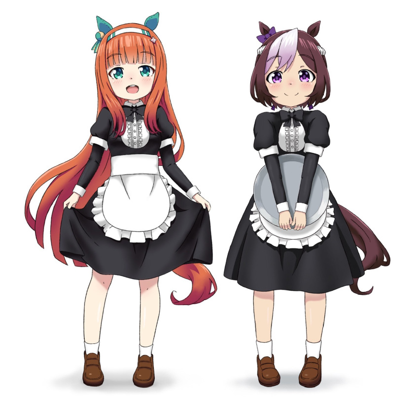 2girls :d alternate_costume animal_ears apron aqua_eyes black_neckwear bow bowtie brown_hair commentary_request enmaided eyebrows_visible_through_hair full_body hairband highres horse_ears horse_tail kumaji_(kumazidayo) long_hair long_sleeves maid multicolored_hair multiple_girls open_mouth orange_hair short_hair silence_suzuka simple_background skirt_hold smile special_week standing tail tray two-tone_hair umamusume v_arms violet_eyes waist_apron white_background white_hair younger