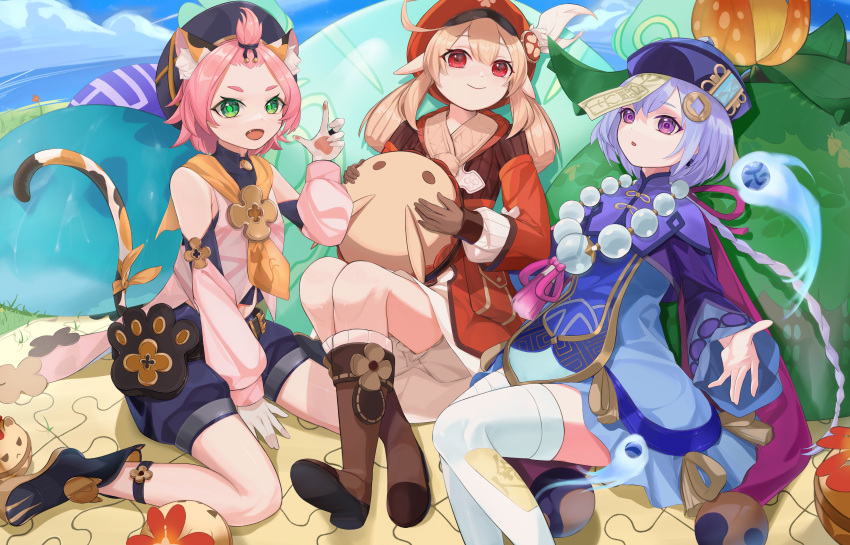 3girls absurdres ahoge animal_ears bangs bangs_pinned_back bead_necklace beads bloomers boots braid brown_footwear brown_gloves brown_scarf cabbie_hat cape cat_ears cat_tail clover_print coat commentary_request detached_sleeves deval diona_(genshin_impact) eyebrows_visible_through_hair genshin_impact gloves green_eyes hair_between_eyes hat hat_feather hat_ornament highres jewelry jiangshi jumpy_dumpty klee_(genshin_impact) knee_boots kneehighs light_brown_hair long_hair long_sleeves looking_at_viewer low_ponytail low_twintails multiple_girls necklace ofuda orb pink_hair pointy_ears purple_hair qing_guanmao qiqi_(genshin_impact) red_coat red_eyes red_headwear scarf short_hair sidelocks single_braid sitting tail thigh-highs twintails underwear violet_eyes wariza white_legwear wide_sleeves yin_yang zettai_ryouiki