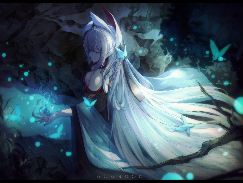 aoandon artist_name blue_butterfly blue_eyes braid bug butterfly butterfly_hair_ornament character_name elegy_nana hair_ornament highres insect long_hair night onmyoji outdoors pale_skin very_long_hair white_hair wide_sleeves