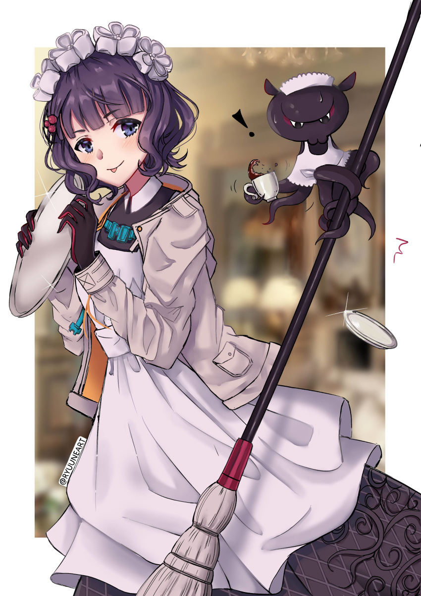 1girl absurdres apron bangs black_dress black_gloves blue_eyes blush breasts closed_mouth cup dress fate/grand_order fate_(series) gloves grey_jacket hair_ornament hairpin highres jacket katsushika_hokusai_(fate/grand_order) long_sleeves looking_at_viewer maid_day maid_dress mop octopus open_clothes open_jacket purple_hair ryuuneart saucer short_hair smile teacup tokitarou_(fate/grand_order) tongue tongue_out tray white_apron