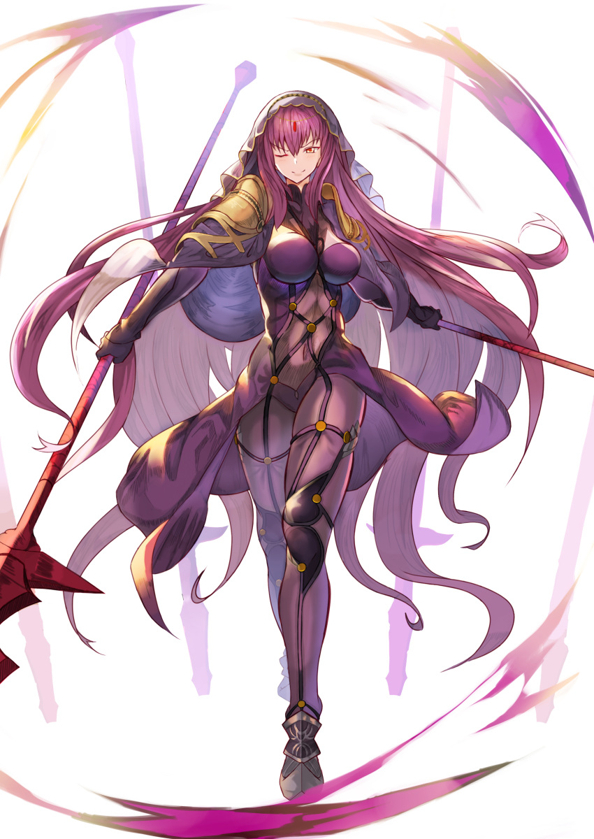 1girl absurdres bodysuit breasts covered_navel dual_wielding fate/grand_order fate_(series) gae_bolg hair_intakes highres holding holding_weapon kamakura_(clupeoidei) large_breasts leotard long_hair one_eye_closed pauldrons polearm purple_bodysuit purple_hair purple_leotard red_eyes scathach_(fate)_(all) scathach_(fate/grand_order) shoulder_armor simple_background smile spear veil weapon white_background