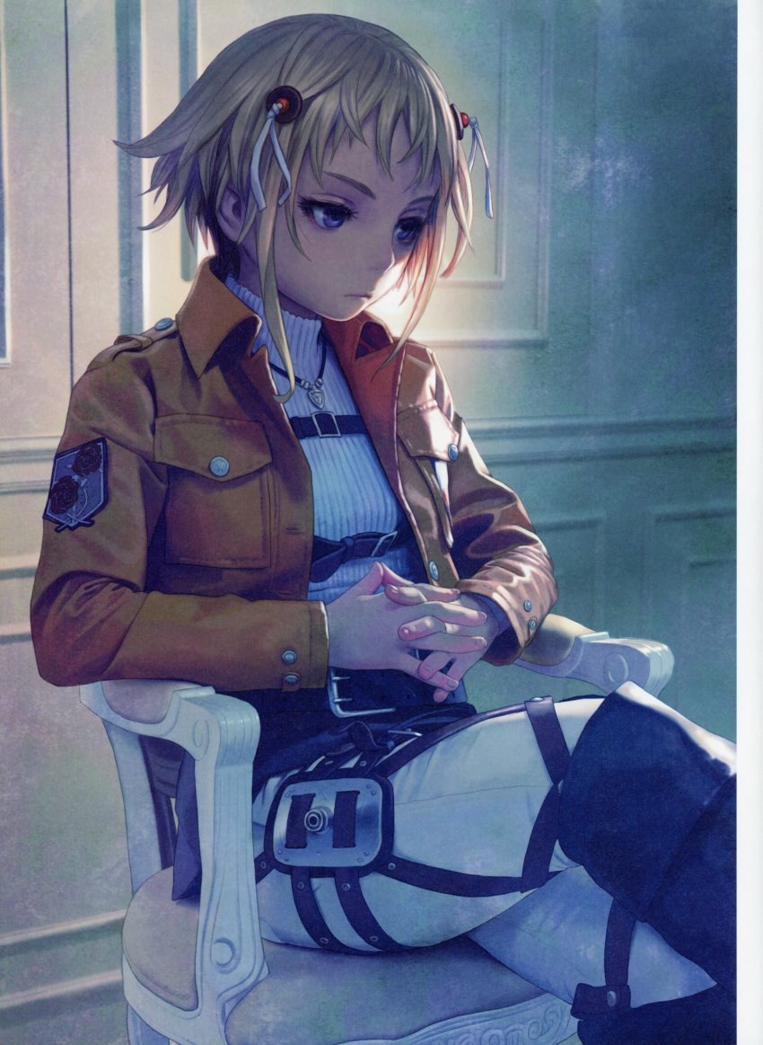 1girl absurdres blonde_hair breasts brown_jacket chair closed_mouth crossed_legs hair_tie hands_together highres indoors jacket long_sleeves looking_down murata_renji shingeki_no_kyojin short_hair sitting solo uniform