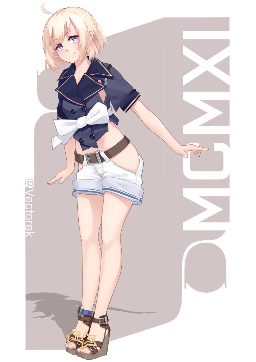 1girl absurdres ahoge alternate_costume ankle_watch belt blonde_hair blue_eyes buttons casual girls_frontline high_heels highres hip_vent m1911_(girls_frontline) ribbon shadow short_hair shorts smile vectorek