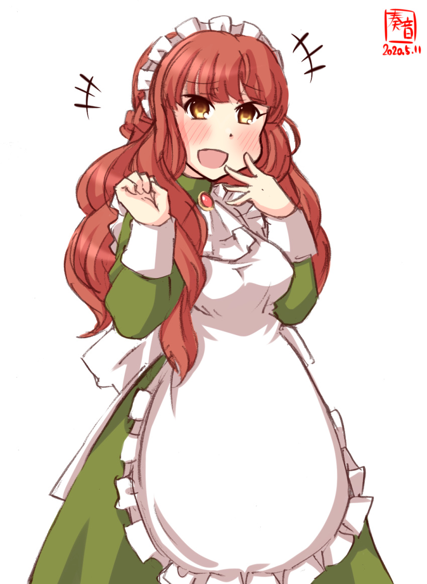 1girl alternate_costume apron artist_logo bangs blunt_bangs braid brown_eyes commentary_request cowboy_shot dated de_ruyter_(kantai_collection) dress enmaided frilled_apron frills green_dress highres kanon_(kurogane_knights) kantai_collection long_hair looking_at_viewer maid redhead side_braid simple_background smile solo wavy_hair white_apron white_background