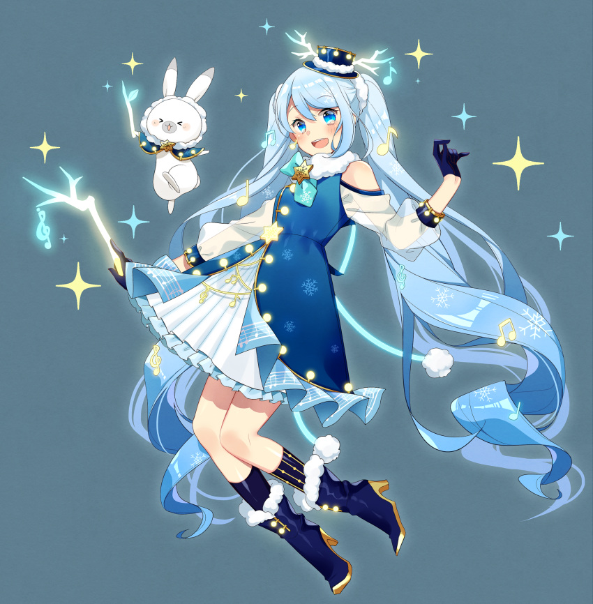 1girl :d antlers asagao_minoru bangs bare_shoulders blue_eyes blue_gloves blue_hair commentary_request dress frills full_body gloves half_gloves hat hatsune_miku highres light_blue_hair long_hair long_sleeves looking_at_viewer mini_hat mini_top_hat musical_note open_mouth rabbit_yukine see-through smile solo swept_bangs top_hat twintails very_long_hair vocaloid yuki_miku