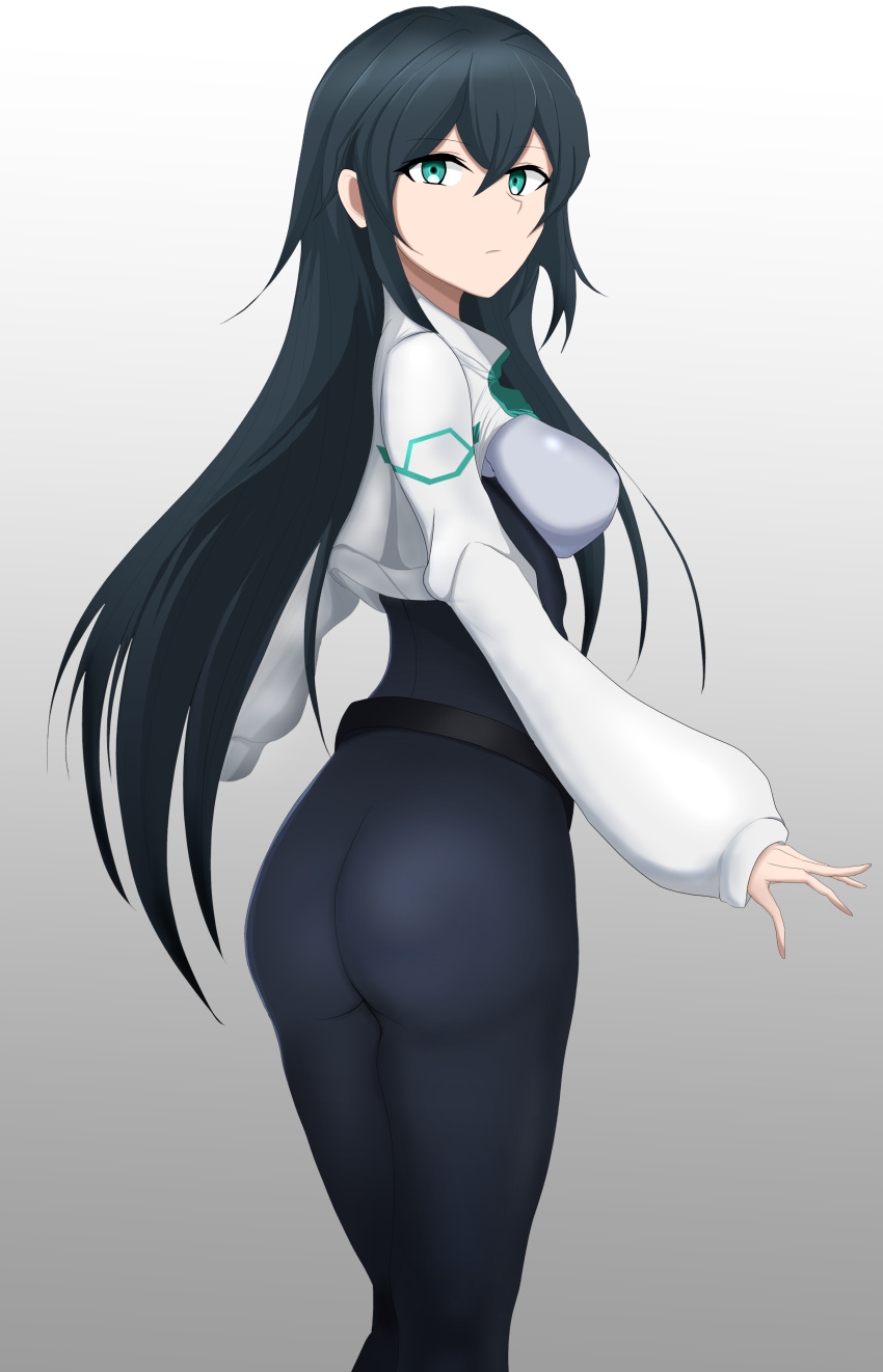 1girl absurdres ass belt black_belt black_hair crossed_legs eyebrows_visible_through_hair fsa721 gradient gradient_background green_eyes gundam gundam_build_divers gundam_build_divers_re:rise highres jacket long_hair looking_at_viewer looking_back may_(gundam_build_divers_re:rise) open_hand skin_tight solo staring white_jacket