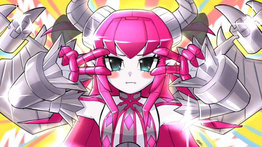 1girl bangs blue_eyes blush blush_stickers breasts curled_horns double_v dragon_horns elizabeth_bathory_(fate)_(all) emotional_engine_-_full_drive fate/grand_order fate_(series) hands_up horns humanoid_robot long_hair looking_at_viewer mecha_eli-chan namioka_nishihito parody pink_hair small_breasts solo sparkle sunburst sunburst_background v wings yellow_background