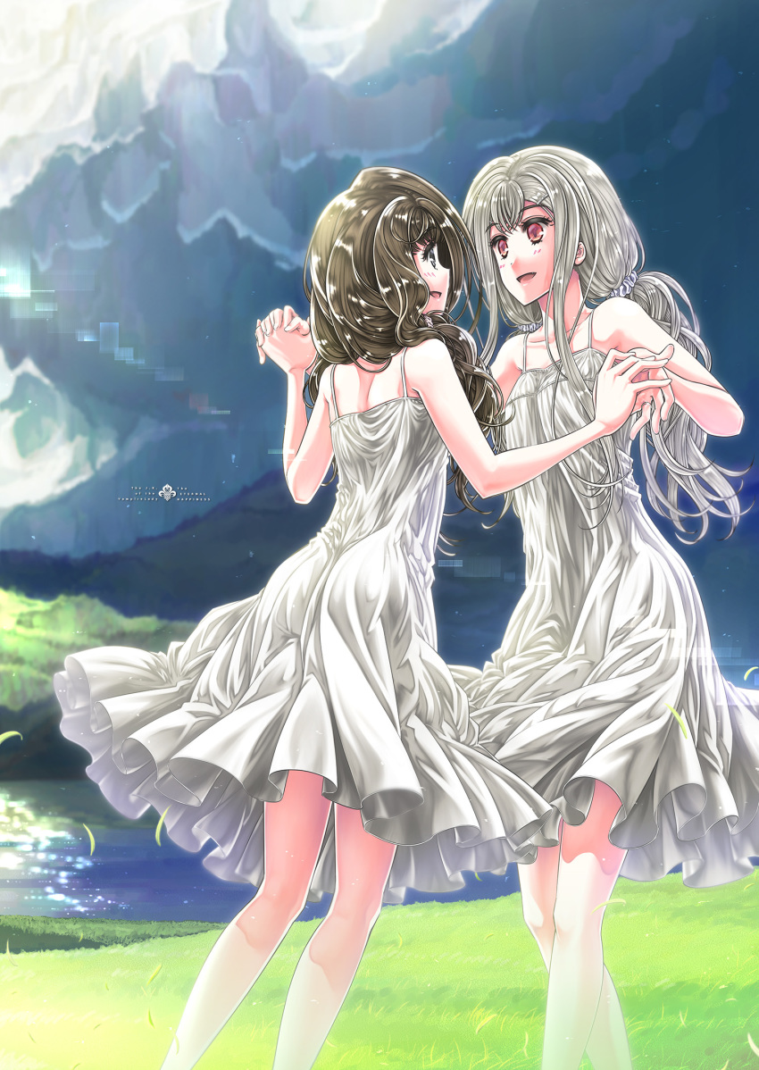 2girls ass braid breasts commentary_request copyright_name dancing dress english_text eyelashes fleur_de_lis grass grey_eyes hair_over_shoulder hand_up highres holding_hands lake legs lens_flare long_hair looking_at_another matsumoto_tomoki meadow mountain multiple_girls official_art outdoors red_eyes ruffled_skirt scrunchie seifuku_no_vampiress_lord shiraougi_nanase small_breasts smile spaghetti_strap sundress sunlight twintails white_dress white_hair wind yuri yuunagi_irie