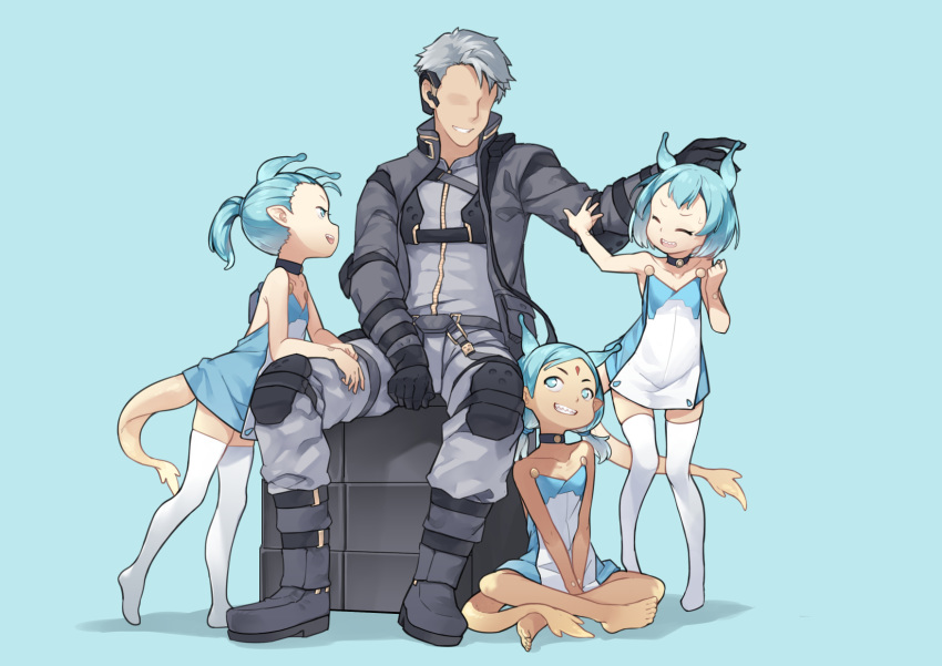 1boy 3girls :d aoi_tsunami bare_arms bare_shoulders barefoot black_footwear black_gloves black_jacket blue_background blue_dress blue_eyes blue_hair boots commentary_request copyright_request dress earpiece faceless faceless_male gloves grey_hair grey_pants grey_shirt grin highres jacket long_sleeves multiple_girls no_shoes open_clothes open_jacket open_mouth pants ponytail shadow sharp_teeth shirt sitting smile standing strapless strapless_dress tail teeth thigh-highs white_legwear