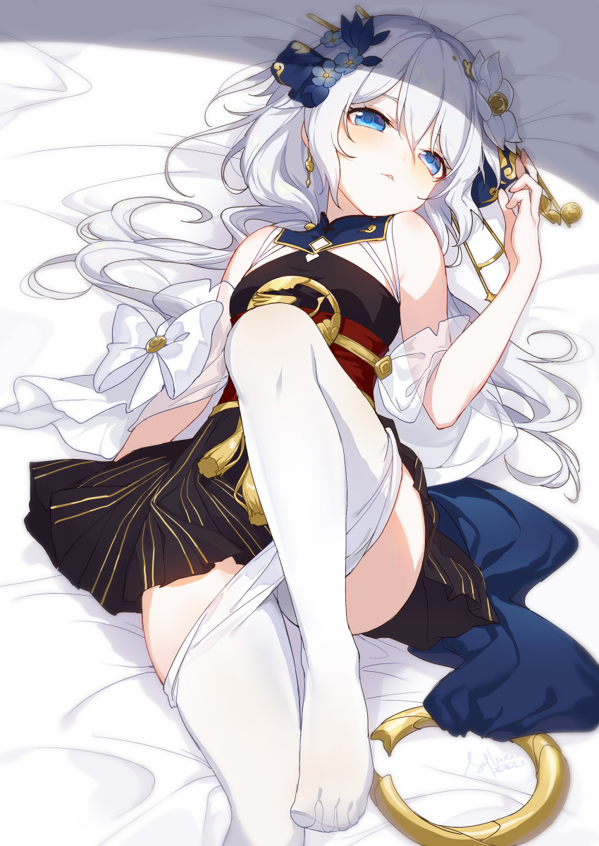 1girl absurdres blue_eyes blush commentary dress earrings flower from_above hair_between_eyes hair_flower hair_ornament half-closed_eyes highres honkai_(series) honkai_impact_3rd jewelry leg_up long_hair looking_at_viewer lying on_back on_bed pantyhose pantyhose_pull pleated_dress short_dress silver_hair slyvia solo theresa_apocalypse