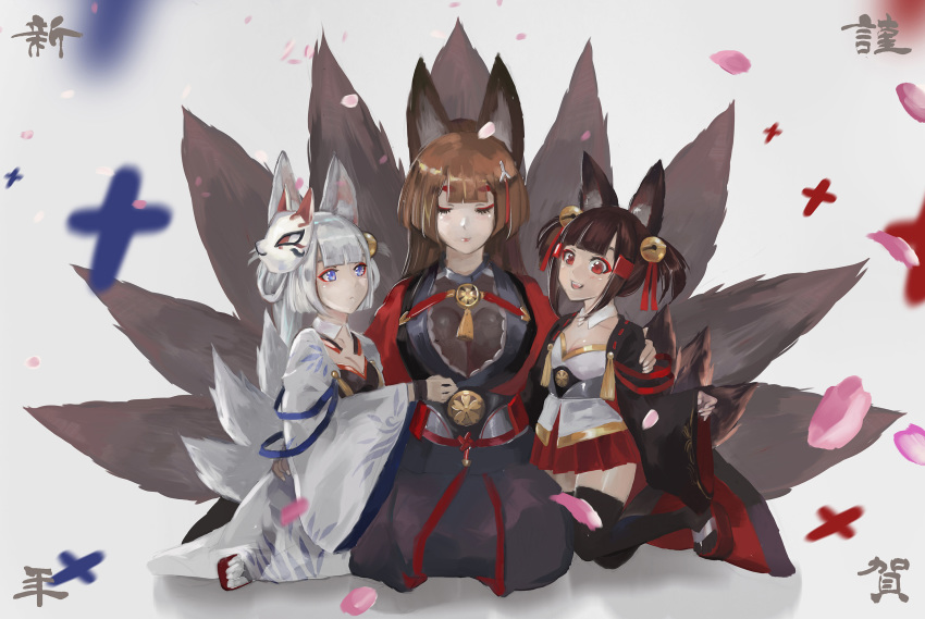 3girls akagi-chan_(azur_lane) akagi_(azur_lane) amagi_(azur_lane) animal_ears azur_lane blue_eyes brown_hair eyeliner eyeshadow fox_ears fox_mask hakama_skirt highres japanese_clothes kaga_(azur_lane) kimono kitsune long_hair makeup mask multiple_girls multiple_tails nasu_(luliice) red_eyes short_hair tail white_hair younger